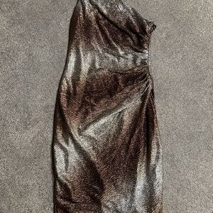 Maggy London Shimmering One-Shoulder Dress in Brown and Silver